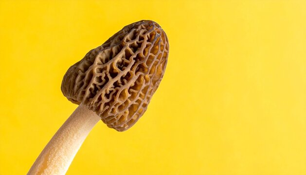 Fresh morel mushroom (Morchella) close-up on a bright yellow background.