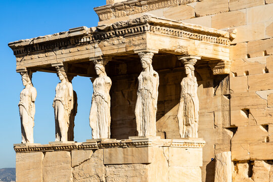 Erechtheion, Portico of the Maidens, also known as the Portico of the Caryatids, or Portico of the Korai. Acropolis, Athens, Greece
