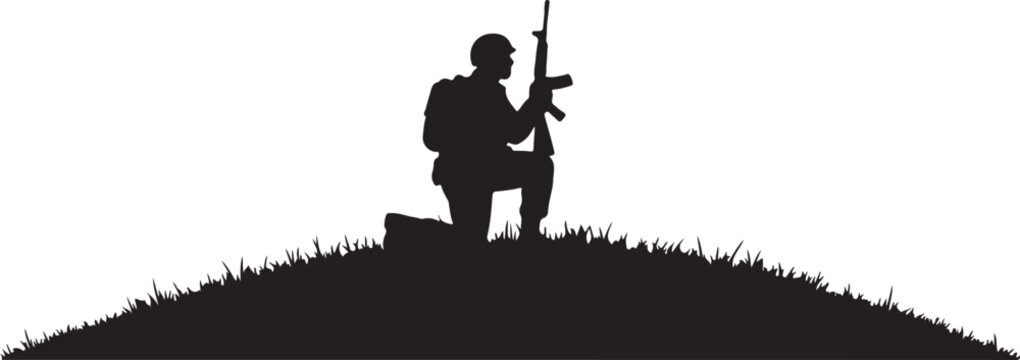 Silhouette of a kneeling soldier holding a rifle on hilltop scene