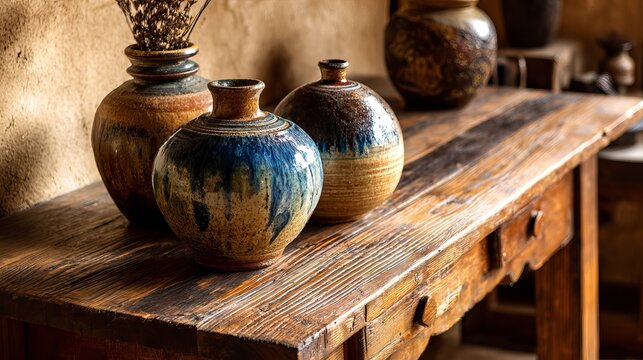 A rustic wooden table with several old ceramic vases on top in a cozy indoor setting