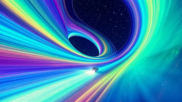 Cosmic vortex of vibrant colors with a small ship traveling through the unknown