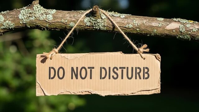 Do not disturb sign hanging tree branch highlights environmental policy debates about nature preservation and quiet outdoor space