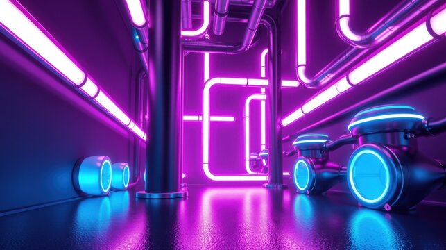 Futuristic corridor. Neon lights illuminate metallic pipes, creating vibrant purple, blue hues. Sleek cylindrical objects enhance spaces depth.