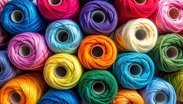 Overhead view of a vibrant collection of colorful yarn spools in rainbow shades