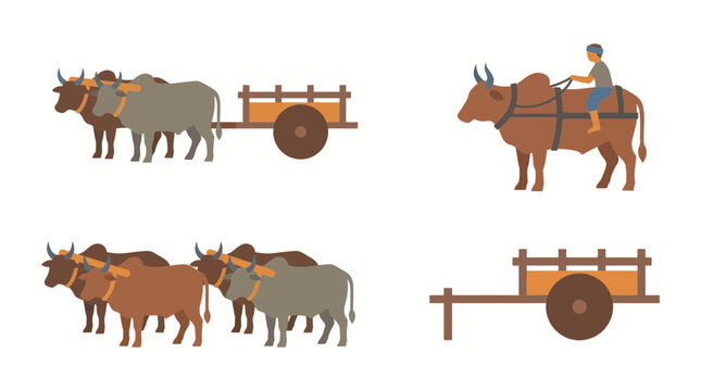 Traditional Bullock Cart and Oxen Vector Illustration Set