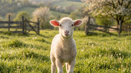 Obraz premium Cute lamb standing in sunny spring meadow, farm animal with rustic fence and countryside background.
