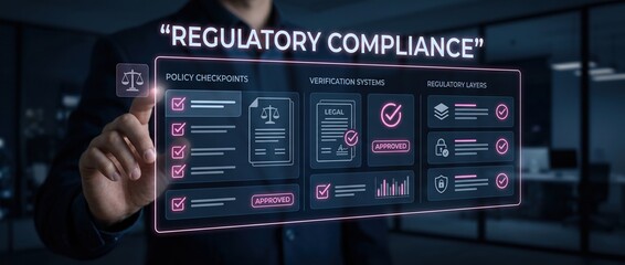 Obraz premium Businessman touching digital interface screen displaying regulatory compliance checklist with icons for legal documents and policy checkpoints