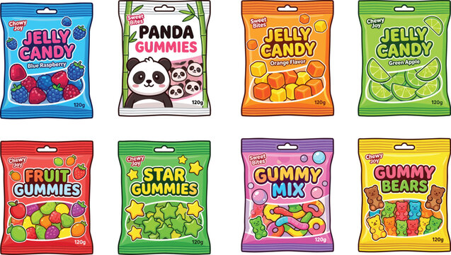 Assorted colorful candy packaging designs featuring gummies, jelly candy, gummy bears, and confectionery illustrations