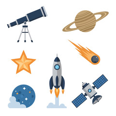 Space and astronomy themed flat design icon collection including telescope, saturn planet, shooting star, golden star, moon, rocket, and satellite. © ABDUS