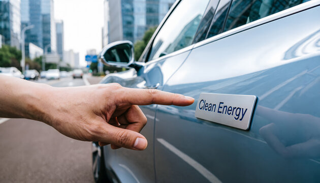A hand pointing at the 'Clean Energy' badge on a modern silver electric vehicle, emphasizing eco-friendly transport.