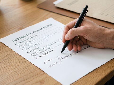 Hand signing insurance claim form on wooden desk with pen