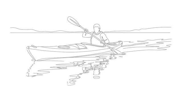 Continuous line drawing of a person kayaking on calm water.