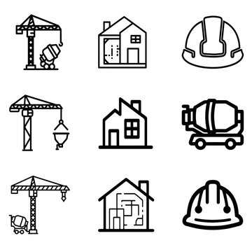 Construction icon set line vector isolated minimal outline building equipment symbols