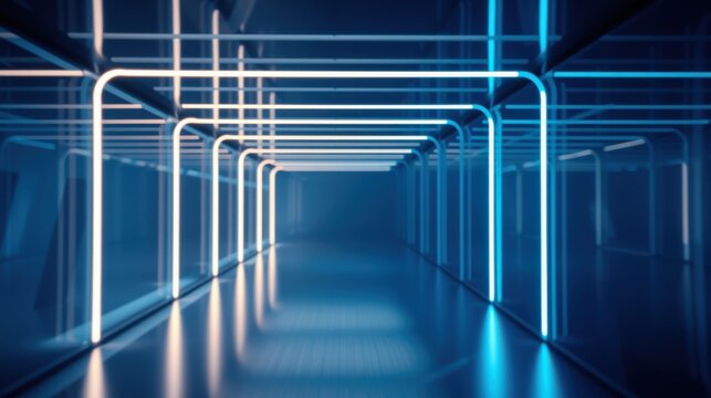 Futuristic corridor. Bright neon lights create perspective, leading eyes toward distant glow. Reflective surfaces amplify illumination. Minimalist design.