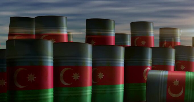 Azerbaijan oil business and fuel extraction barrels in row concept. Azerbaijani petrol industrial metal containers.