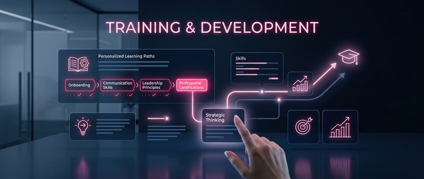 Digital interface displaying training and development pathways with glowing neon accents