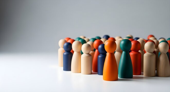 Diverse group of colorful wooden figurines standing together on a white surface in a line formation