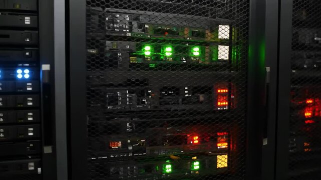 Slow dolly shot of server rack lights blinking