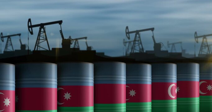Azerbaijan oil business and fuel extraction barrels in row seamless and loopable concept. Azerbaijani petrol industrial containers.