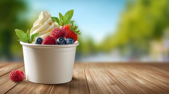 Frozen yogurt dessert with fresh berries and creamy swirl representing refreshing sweet treat natural ingredients summer enjoyment and colorful modern food lifestyle concept