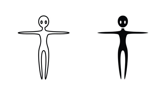 Abstract human figure in T-pose in outline and solid black silhouette vector for character design