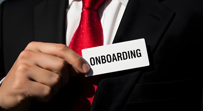 Businessman in suit holding onboarding card for new employee orientation and integration process