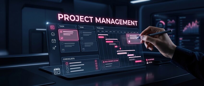 Hand interacting with a digital project management interface displaying a Gantt chart