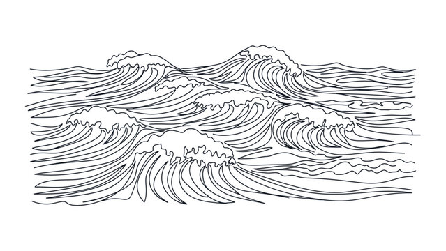 Continuous line art illustration of rough ocean waves.