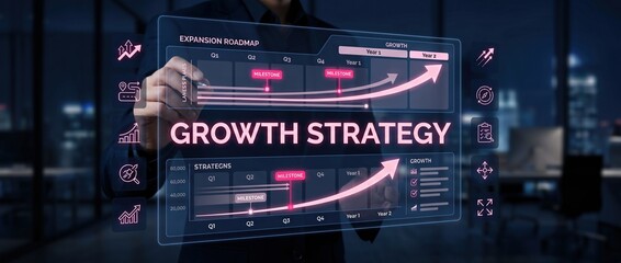 Hand points to digital growth strategy roadmap with upward trending arrows on futuristic interface during night