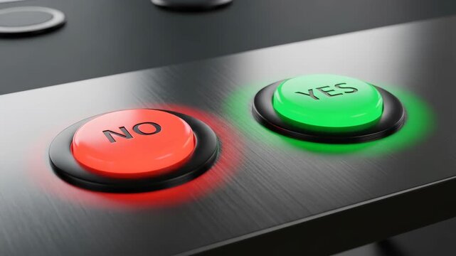 Yes and no buttons symbolize decision choice environmental policy debate glowing black panel with red and green light for clear