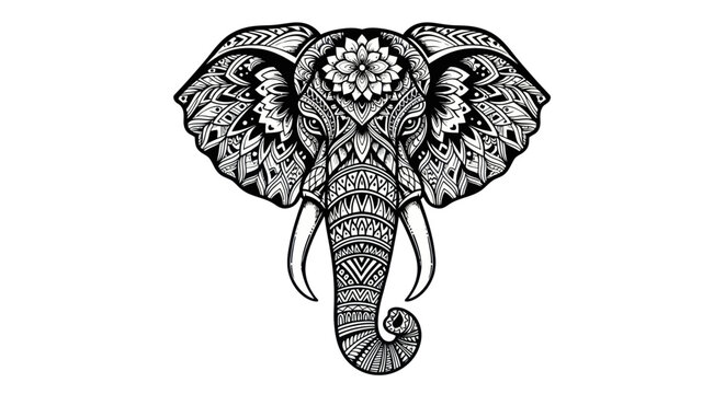 Intricate mandala elephant head illustration with ornamental patterns on white background