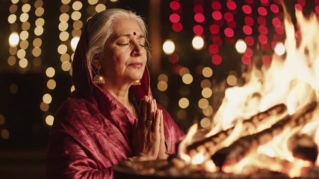 Elderly Indian woman in traditional red sari praying with folded hands beside a roaring bonfire at night, with blurred festive lights in background, conveying devotion and spirituality