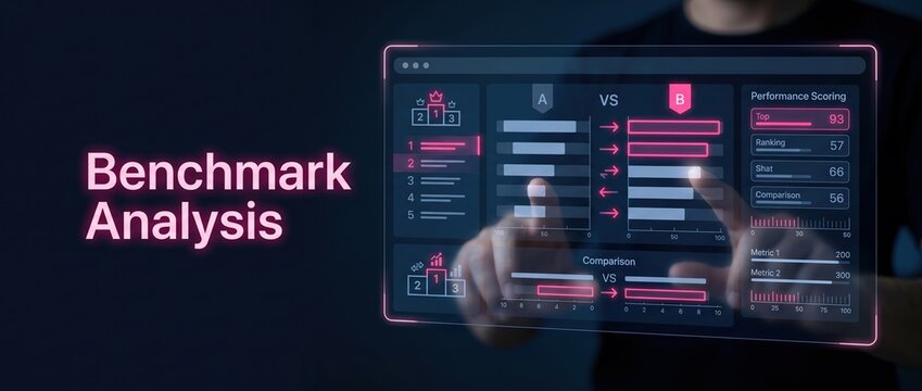 Person analyzing benchmark data on a transparent screen with glowing charts and graphs