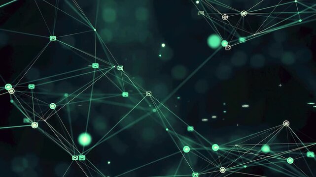 Digital Communication Network: Abstract Plexus Animation with Email and Global Icons on Black Background.