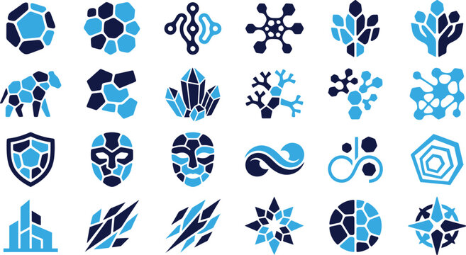 Diverse collection of blue and dark blue abstract and symbolic icons for digital use.