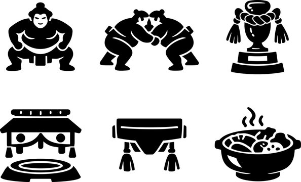 Sumo wrestling and martial arts silhouette icon set. Vector