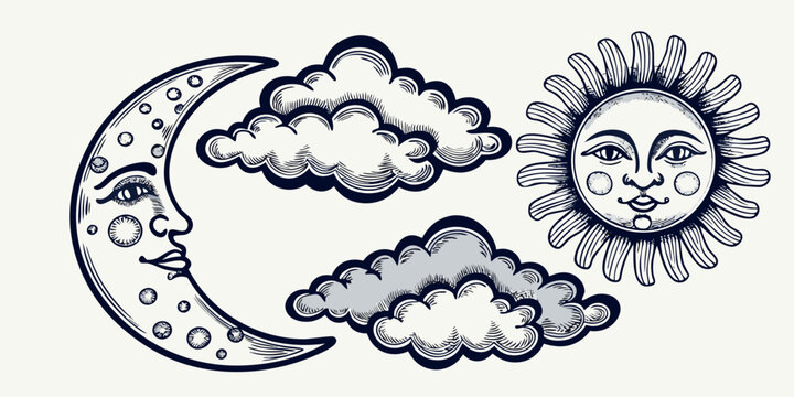 Anthropomorphic sun moon and clouds illustration in vintage engraving style