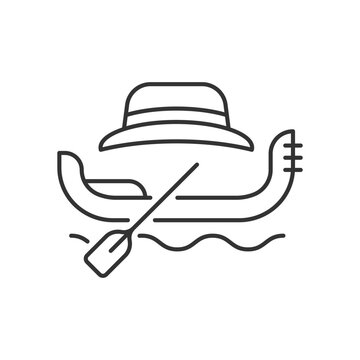 Gondola taxi linear icon. Venetian rowing boat for tourists carrying. Water taxi in Venice. Thin line customizable illustration. Contour symbol. Vector isolated outline drawing. Editable stroke