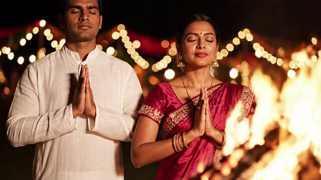 A man and woman in traditional Indian clothing meditating with hands pressed together in prayer beside a warm, glowing bonfire at night with bokeh lights in the background