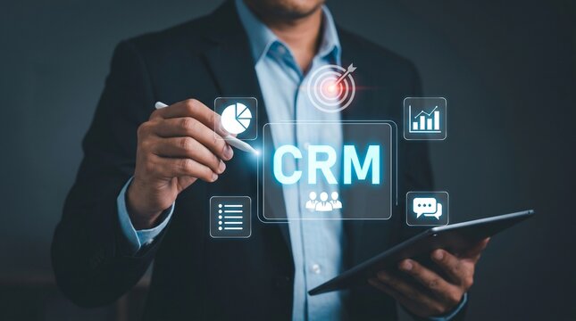 Businessman using CRM software on digital tablet for customer relationship management marketing strategy sales growth professional data analysis and business automation solutions technology