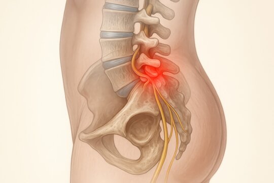 Lateral lumbar spine view with red glow at L5-S1 showing sciatic nerve root compression from herniated disc, ideal for illustrating nerve entrapment and radiculopathy leading to sciatica symptoms.