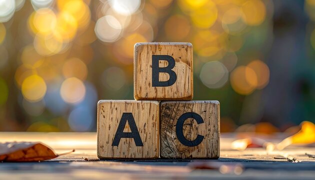 Wooden blocks spell out ABC, stacked neatly. Autumn leaves scatter around the base