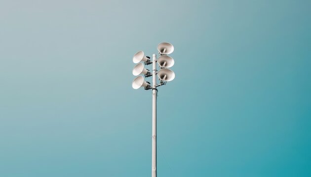 A tall outdoor lighting pole with multiple floodlights against a clear blue sky.