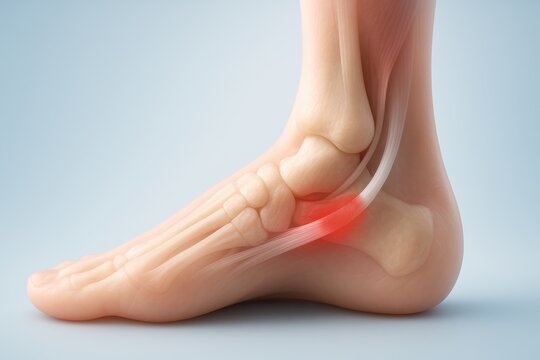 Posterior tibial tendon dysfunction illustration depicting medial ankle with sharply defined tendon marked by red circular patch behind medial malleolus, ivory bones and muted tibialis
