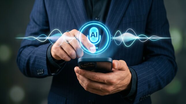 Businessman using AI voice assistant on smartphone with digital sound wave. Artificial intelligence technology and smart voice command recognition concept for mobile business communication.