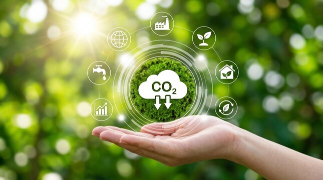 Human hand holding a green globe with CO2 reduction icons and eco symbols. Concept of environmental sustainability carbon footprint management and net zero emissions goals.