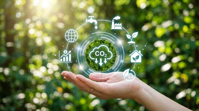 Hand holding a green earth ball with floating environmental and industrial icons. Sustainable development and ecological balance concept for corporate social responsibility themes.