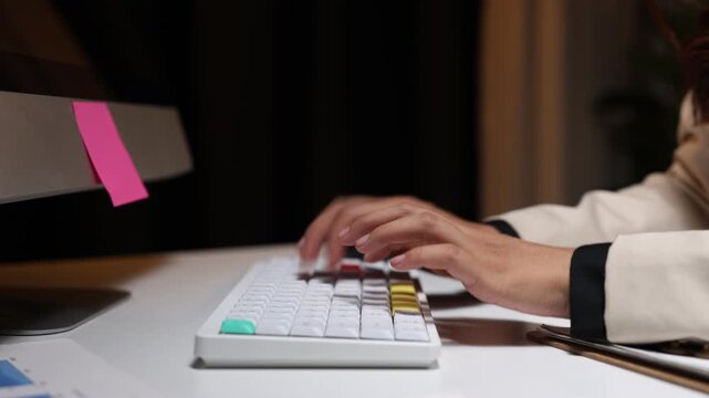 Professional woman hands typing on computer keyboard in a modern office at night, focused on work and meeting deadlines while handling business communication and data entry