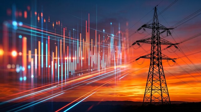 High voltage electric power lines against a sunset sky with financial trading overlay. Energy market price volatility and utility stock investment concept with data analytics.