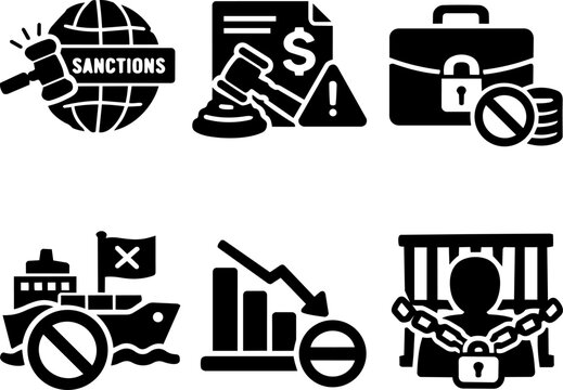 Sanctions restrictions and legal prohibition silhouette icons